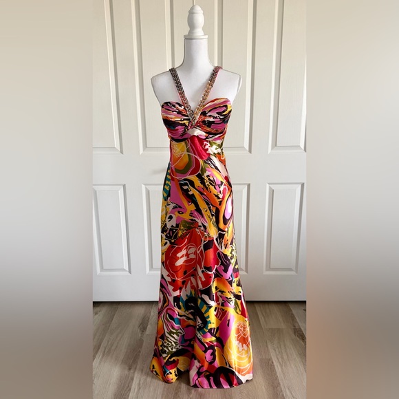 Faviana Dresses & Skirts - Faviana Couture Colorful Embellished Long Satin Maxi Dress Formal Gown Size 12